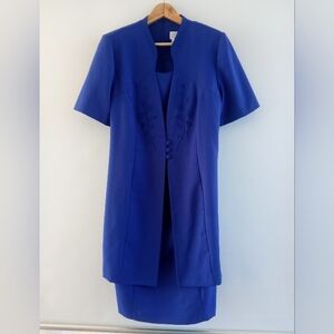 Studio C Royal Blue 2pc Jacket & Sheath Dress Set Size 16W Floral Embroidery